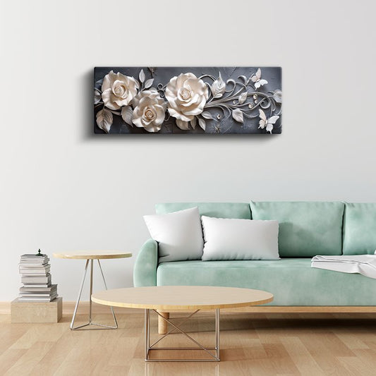 Beyaz Güller - Gri Fonda Kabartma Görünümlü Çiçek Kompozisyonu Kanvas Tablo