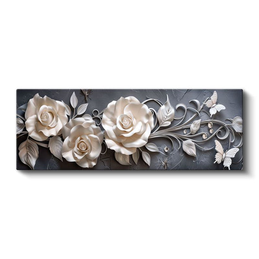 Beyaz Güller - Gri Fonda Kabartma Görünümlü Çiçek Kompozisyonu Kanvas Tablo