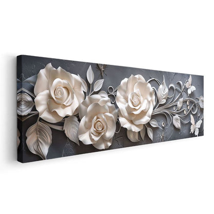 Beyaz Güller - Gri Fonda Kabartma Görünümlü Çiçek Kompozisyonu Kanvas Tablo