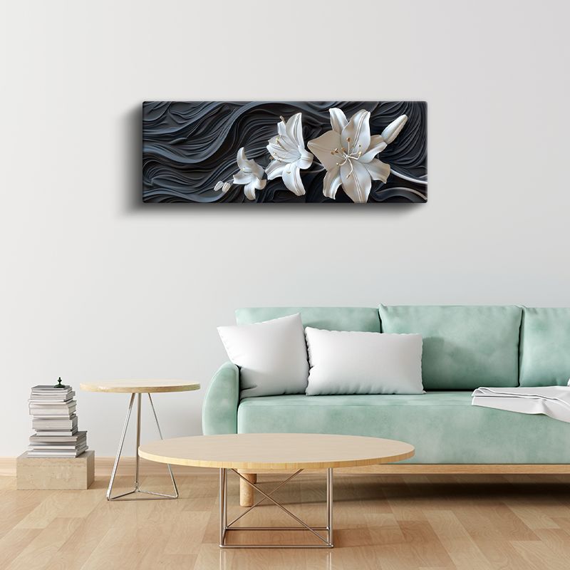 Beyaz Zambaklar - Dalgalı Siyah Fonda 3D Çiçek Tasarımı Kanvas Tablo