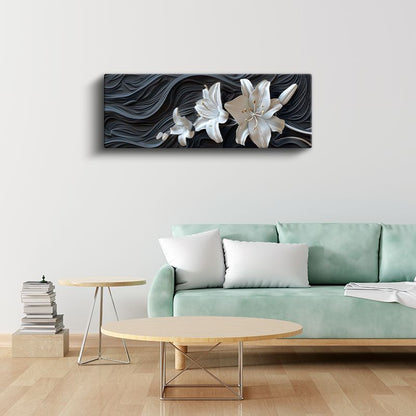 Beyaz Zambaklar - Dalgalı Siyah Fonda 3D Çiçek Tasarımı Kanvas Tablo