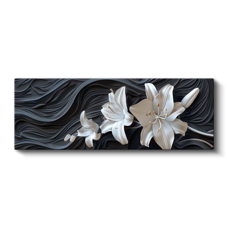 Beyaz Zambaklar - Dalgalı Siyah Fonda 3D Çiçek Tasarımı Kanvas Tablo