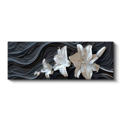 Beyaz Zambaklar - Dalgalı Siyah Fonda 3D Çiçek Tasarımı Kanvas Tablo