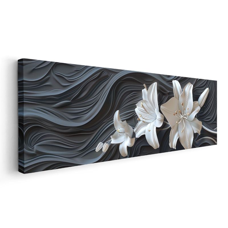 Beyaz Zambaklar - Dalgalı Siyah Fonda 3D Çiçek Tasarımı Kanvas Tablo