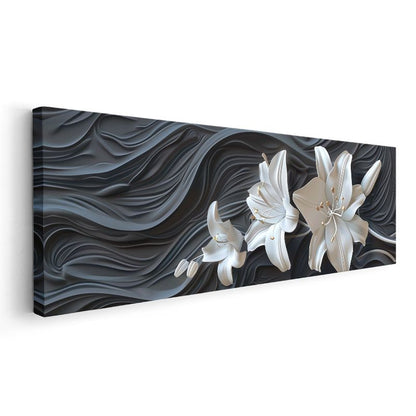 Beyaz Zambaklar - Dalgalı Siyah Fonda 3D Çiçek Tasarımı Kanvas Tablo