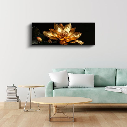 Altın Lotus - Siyah Fonda Metalik Nilüfer Çiçeği Kanvas Tablo