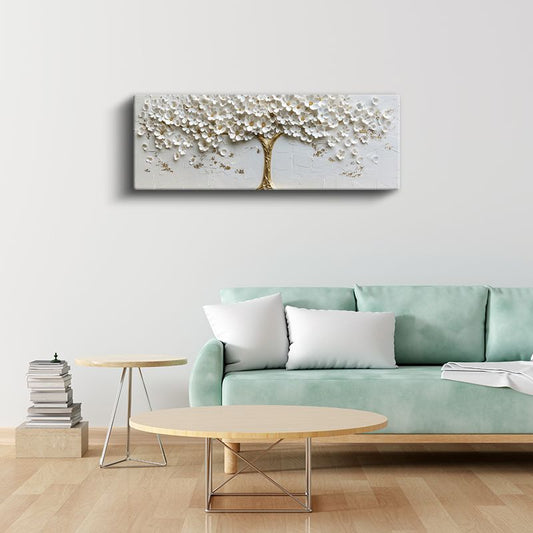 Beyaz Çiçek Ağacı - Altın Gövdeli Kabartma Görünümlü Tasarım Kanvas Tablo
