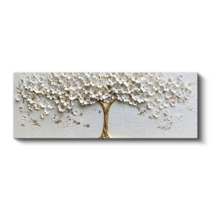 Beyaz Çiçek Ağacı - Altın Gövdeli Kabartma Görünümlü Tasarım Kanvas Tablo