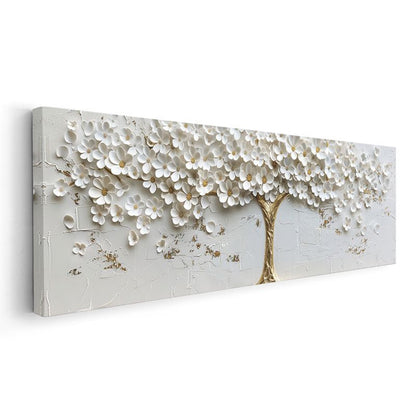 Beyaz Çiçek Ağacı - Altın Gövdeli Kabartma Görünümlü Tasarım Kanvas Tablo