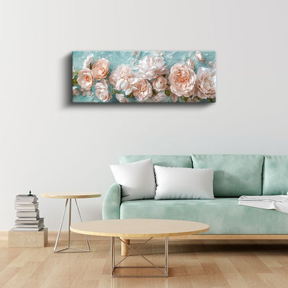 Pembe Güller - Turkuaz Fonda Kabartma Görünümlü Çiçek Serisi Kanvas Tablo