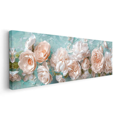 Pembe Güller - Turkuaz Fonda Kabartma Görünümlü Çiçek Serisi Kanvas Tablo