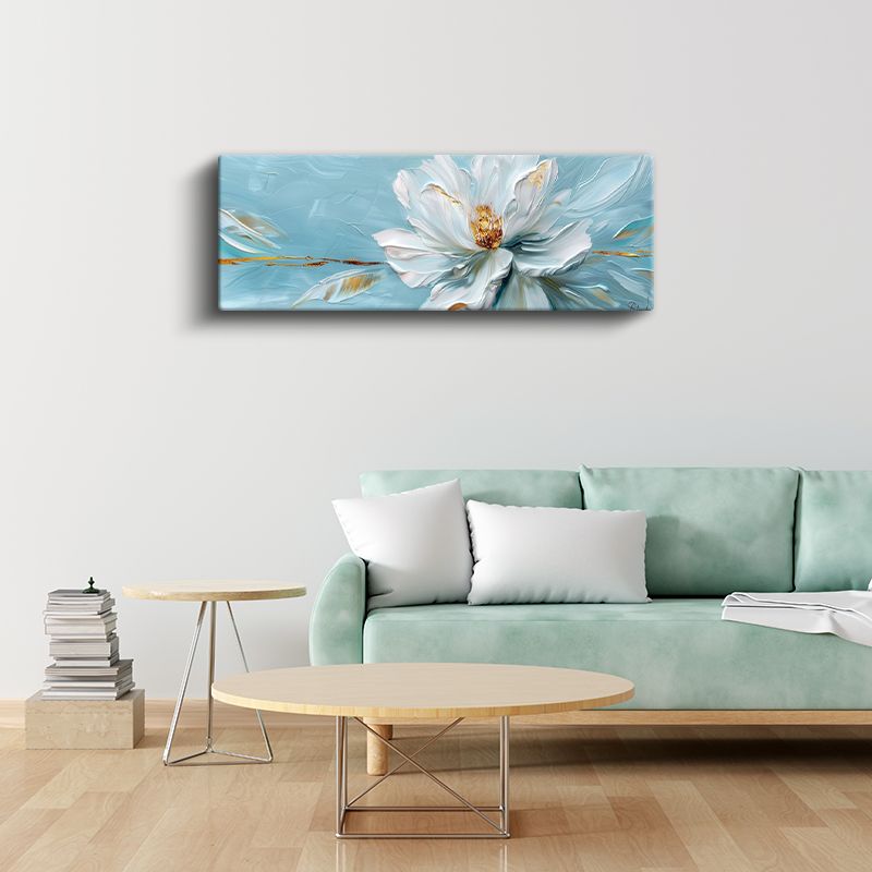 Beyaz Şakayık - Turkuaz Fonda Altın Detaylı Panoramik Kanvas Tablo