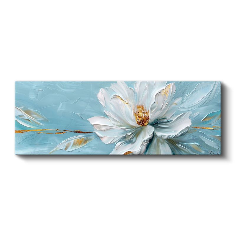 Beyaz Şakayık - Turkuaz Fonda Altın Detaylı Panoramik Kanvas Tablo