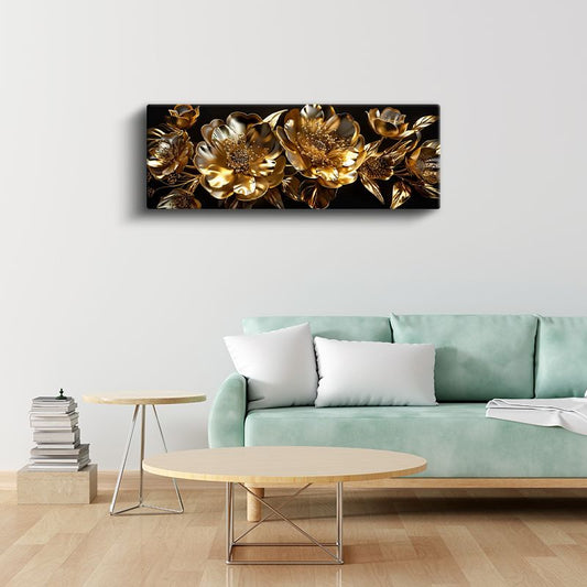 Altın Çiçekler - Siyah Fonda Lüks Çiçek Serisi Kanvas Tablo