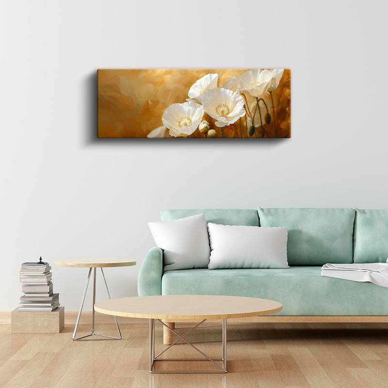 Beyaz Gelincikler - Altın Fonda Zarif Çiçek Kompozisyonu Kanvas Tablo