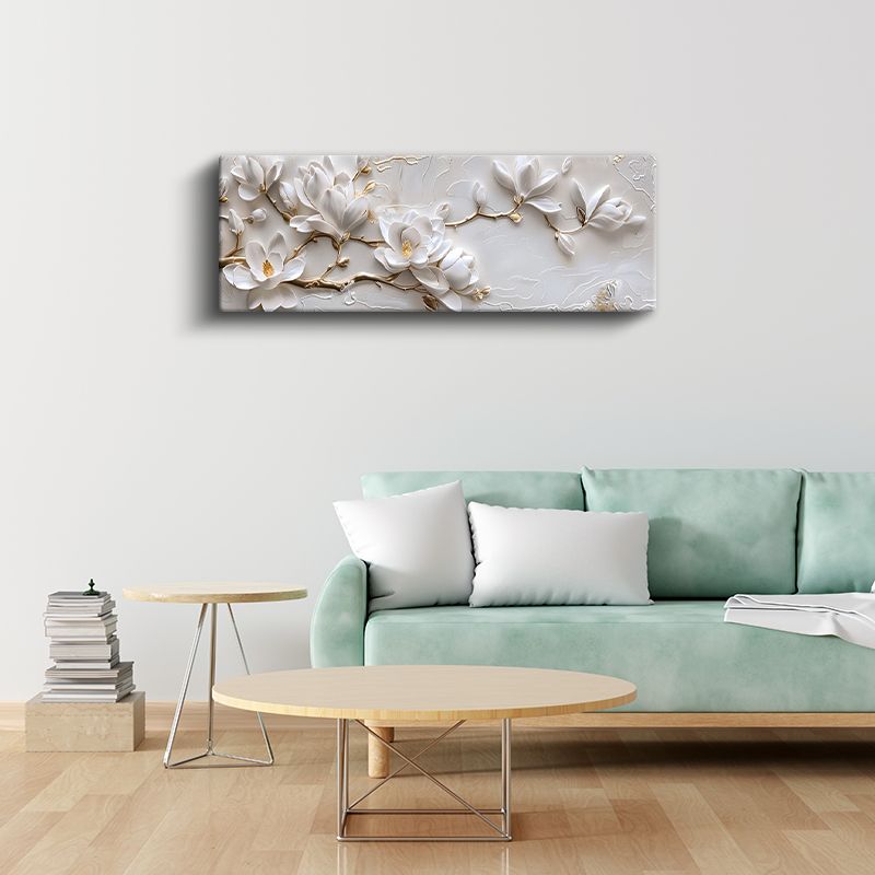 Beyaz Manolyalar - Altın Detaylı Kabartma Görünümlü Çiçek Dalı Kanvas Tablo