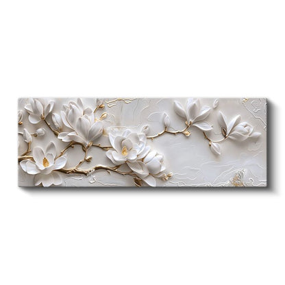 Beyaz Manolyalar - Altın Detaylı Kabartma Görünümlü Çiçek Dalı Kanvas Tablo