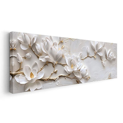 Beyaz Manolyalar - Altın Detaylı Kabartma Görünümlü Çiçek Dalı Kanvas Tablo