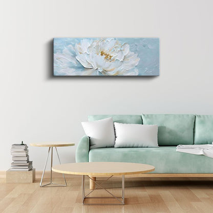 Beyaz Şakayık - Turkuaz Fonda Yağlı Boya Efektli Kanvas Tablo