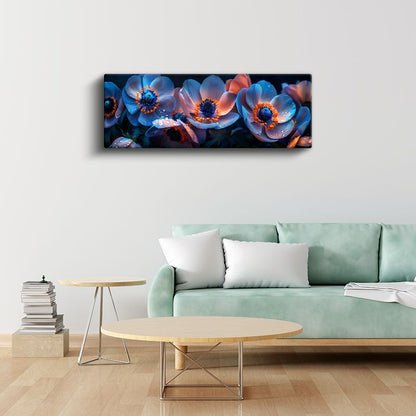 Mavi Anemonlar - Çiy Damlacıklı Panoramik Çiçek Serisi Kanvas Tablo