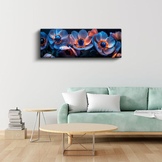Mavi Anemonlar - Çiy Damlacıklı Panoramik Çiçek Serisi Kanvas Tablo