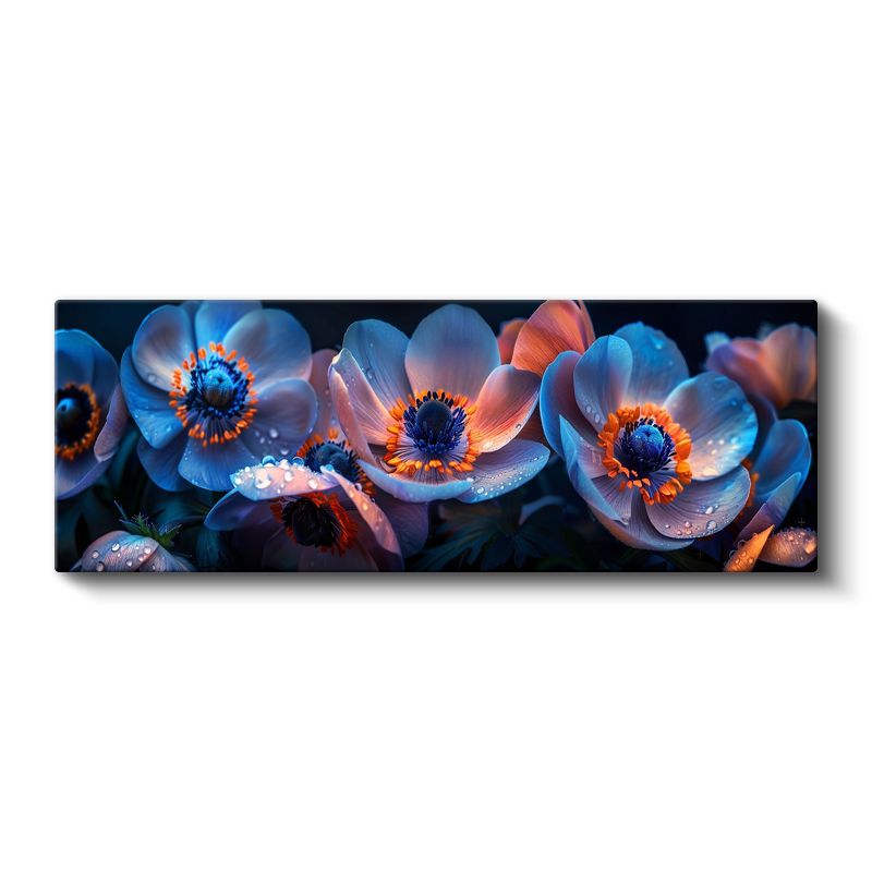 Mavi Anemonlar - Çiy Damlacıklı Panoramik Çiçek Serisi Kanvas Tablo