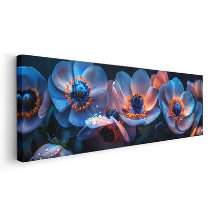 Mavi Anemonlar - Çiy Damlacıklı Panoramik Çiçek Serisi Kanvas Tablo