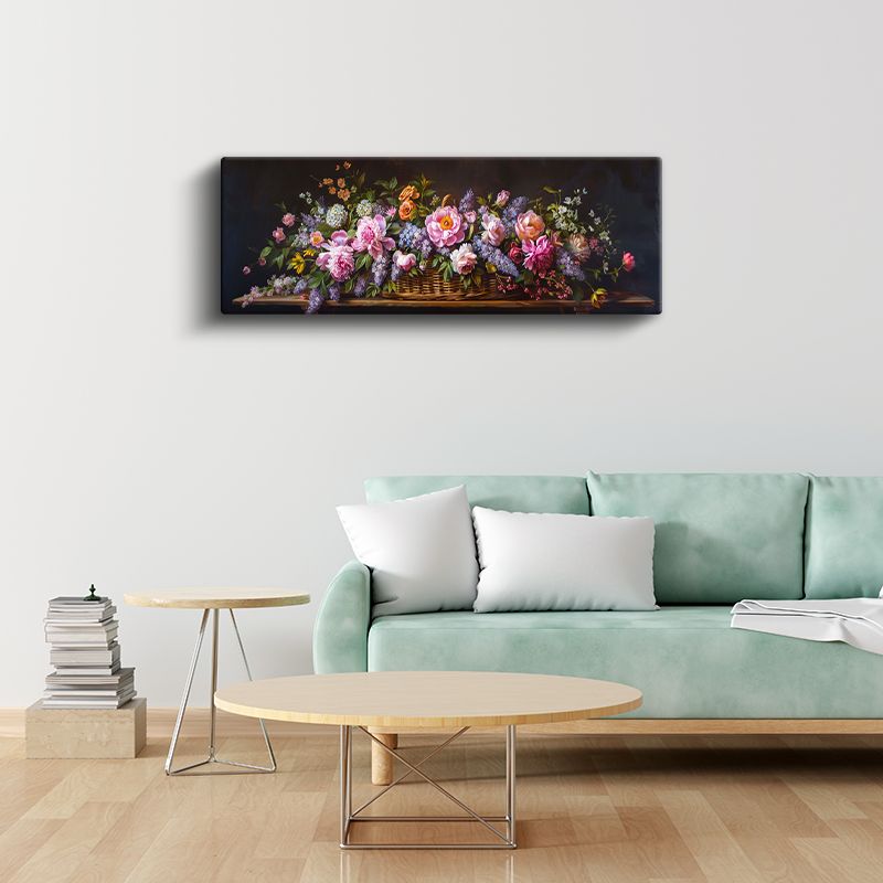 Klasik Çiçek Buketi - Sepette Renkli Çiçek Aranjmanı Kanvas Tablo