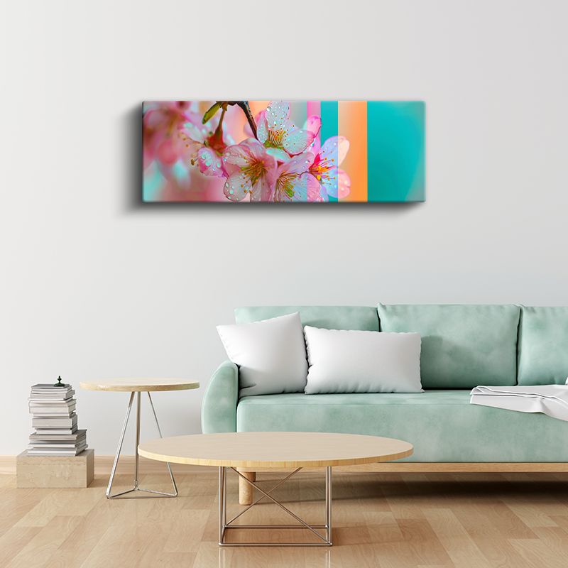 Kiraz Çiçekleri - Turkuaz Şeritli Modern Tasarım Kanvas Tablo