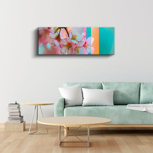 Kiraz Çiçekleri - Turkuaz Şeritli Modern Tasarım Kanvas Tablo
