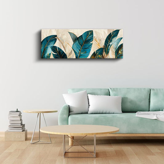 Turkuaz Yapraklar - Altın Detaylı Botanik Desen Kanvas Tablo