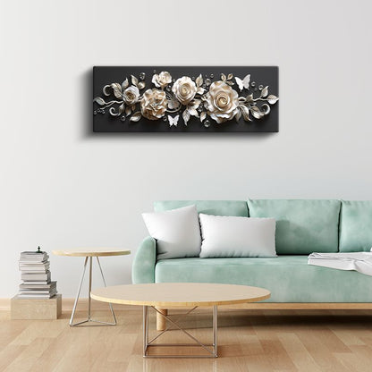 Krem Güller - Siyah Fonda Kristal Detaylı Kompozisyon Kanvas Tablo