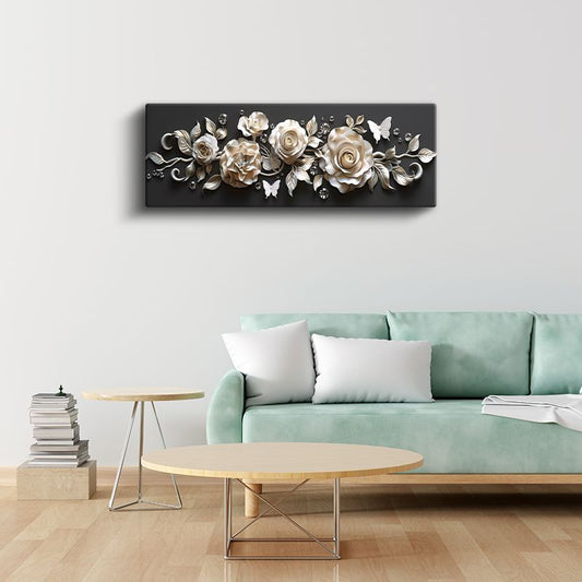 Krem Güller - Siyah Fonda Kristal Detaylı Kompozisyon Kanvas Tablo