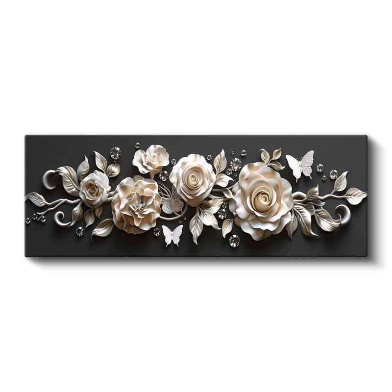 Krem Güller - Siyah Fonda Kristal Detaylı Kompozisyon Kanvas Tablo