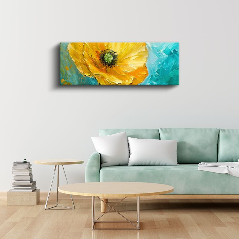 Sarı Gelincik - Turkuaz Fonda Yağlı Boya Efektli Kanvas Tablo