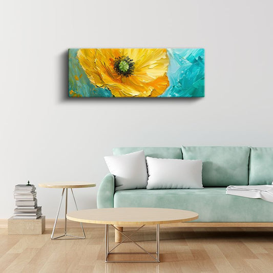 Sarı Gelincik - Turkuaz Fonda Yağlı Boya Efektli Kanvas Tablo