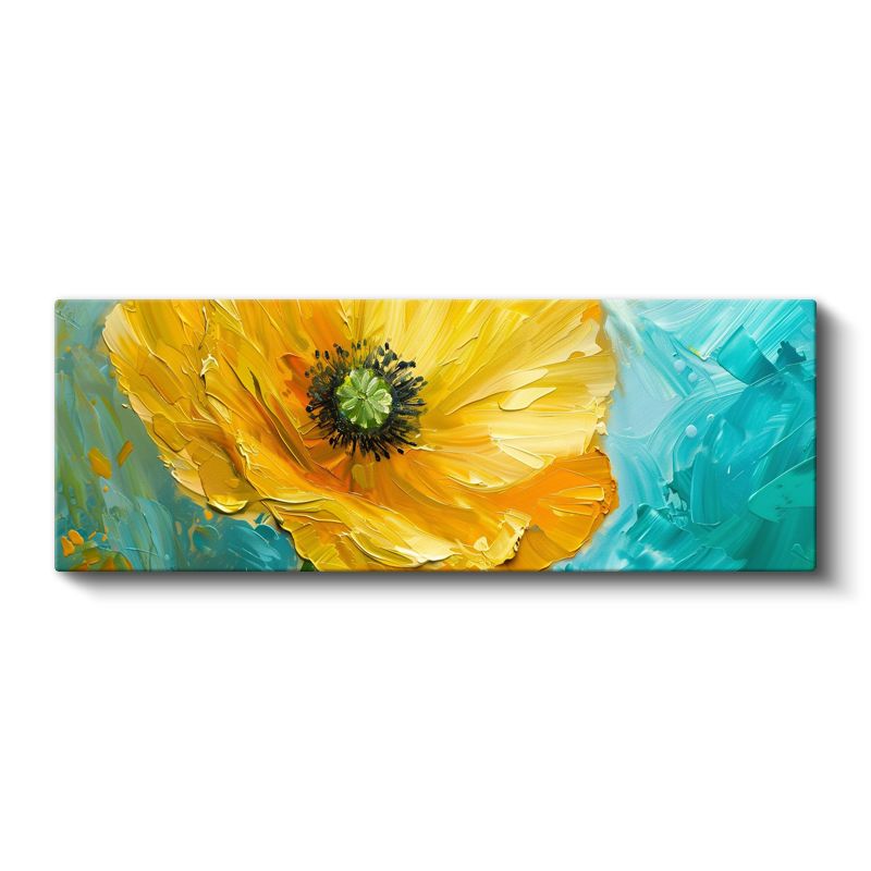 Sarı Gelincik - Turkuaz Fonda Yağlı Boya Efektli Kanvas Tablo