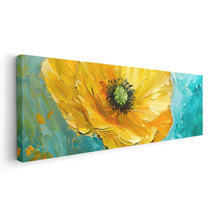 Sarı Gelincik - Turkuaz Fonda Yağlı Boya Efektli Kanvas Tablo