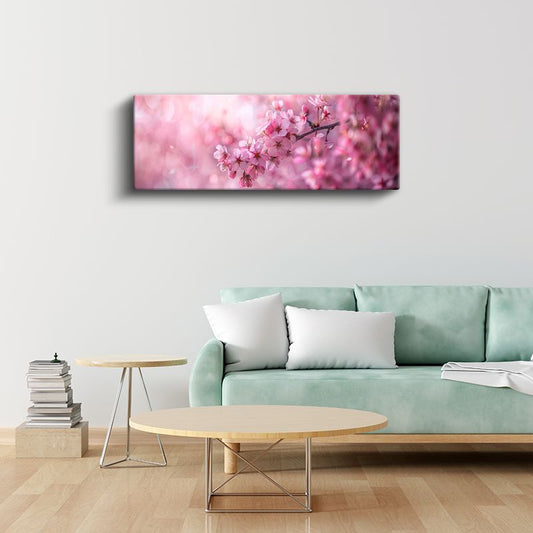 Pembe Kiraz Çiçekleri - Bahar Dalı Panoramik Kanvas Tablo