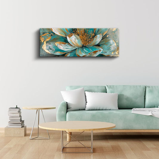 Turkuaz Çiçek - Altın Detaylı Modern Sanat Eseri Kanvas Tablo
