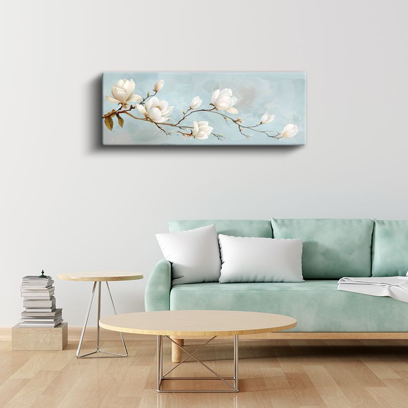Beyaz Manolyalar - Mavi Fonda Zarif Çiçek Dalı Kanvas Tablo