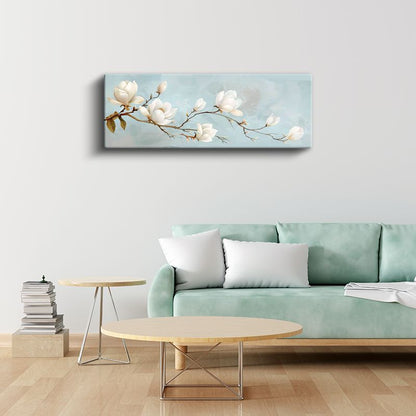 Beyaz Manolyalar - Mavi Fonda Zarif Çiçek Dalı Kanvas Tablo