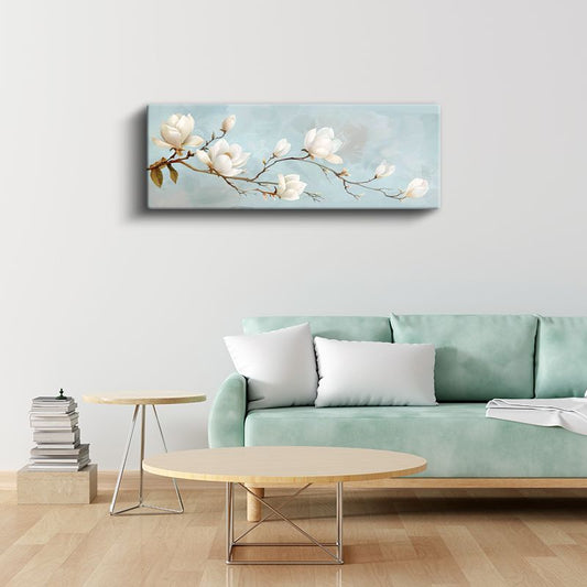 Beyaz Manolyalar - Mavi Fonda Zarif Çiçek Dalı Kanvas Tablo