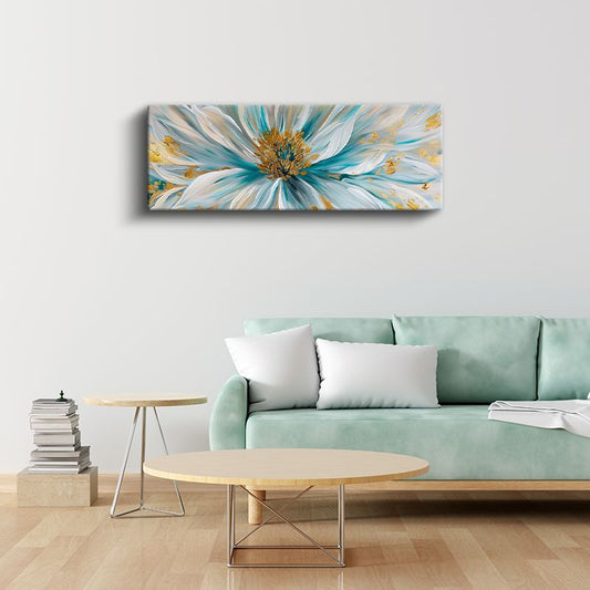 Turkuaz Papatya - Altın Detaylı Modern Çiçek Tasarımı Kanvas Tablo