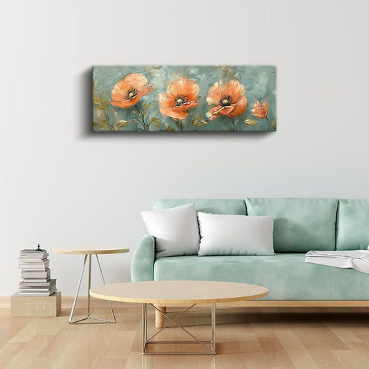 Turuncu Gelincikler - Turkuaz Fonda Yağlı Boya Efektli Kanvas Tablo