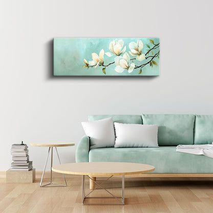 Beyaz Manolyalar - Turkuaz Fonda Zarif Çiçek Serisi Kanvas Tablo