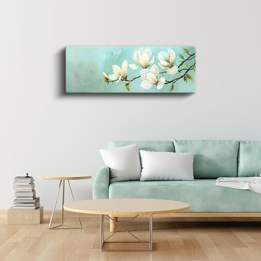 Beyaz Manolyalar - Turkuaz Fonda Zarif Çiçek Serisi Kanvas Tablo