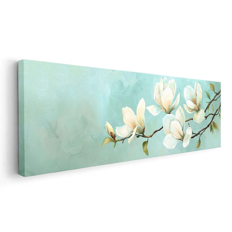 Beyaz Manolyalar - Turkuaz Fonda Zarif Çiçek Serisi Kanvas Tablo