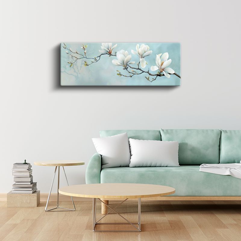 Beyaz Manolya Dalı - Turkuaz Fonda Bahar Esintisi Kanvas Tablo