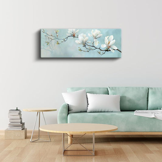 Beyaz Manolya Dalı - Turkuaz Fonda Bahar Esintisi Kanvas Tablo